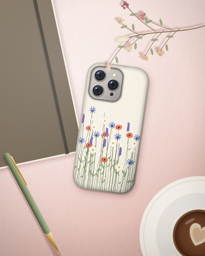 Meadow Hours Case on iPhone 16 Pro, flat-lay