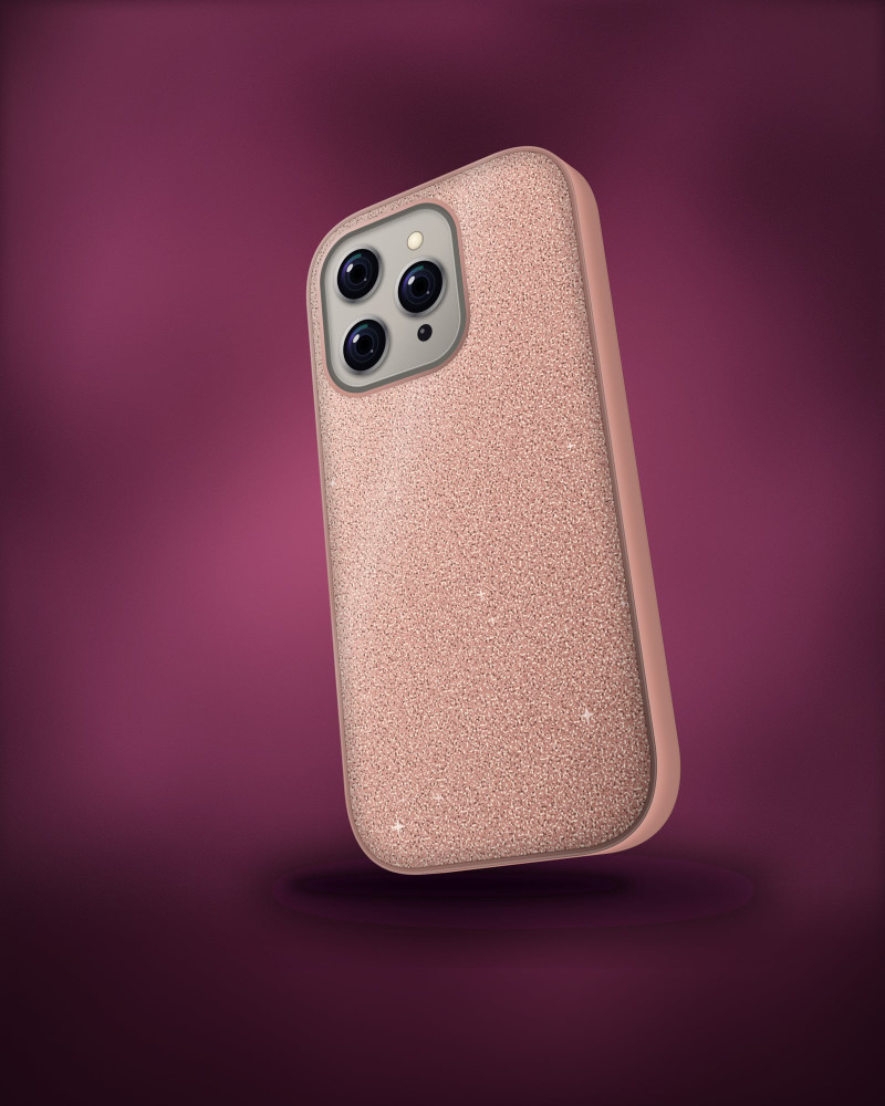 Rose Gold Glitter Case on iPhone 16 Pro, angled view