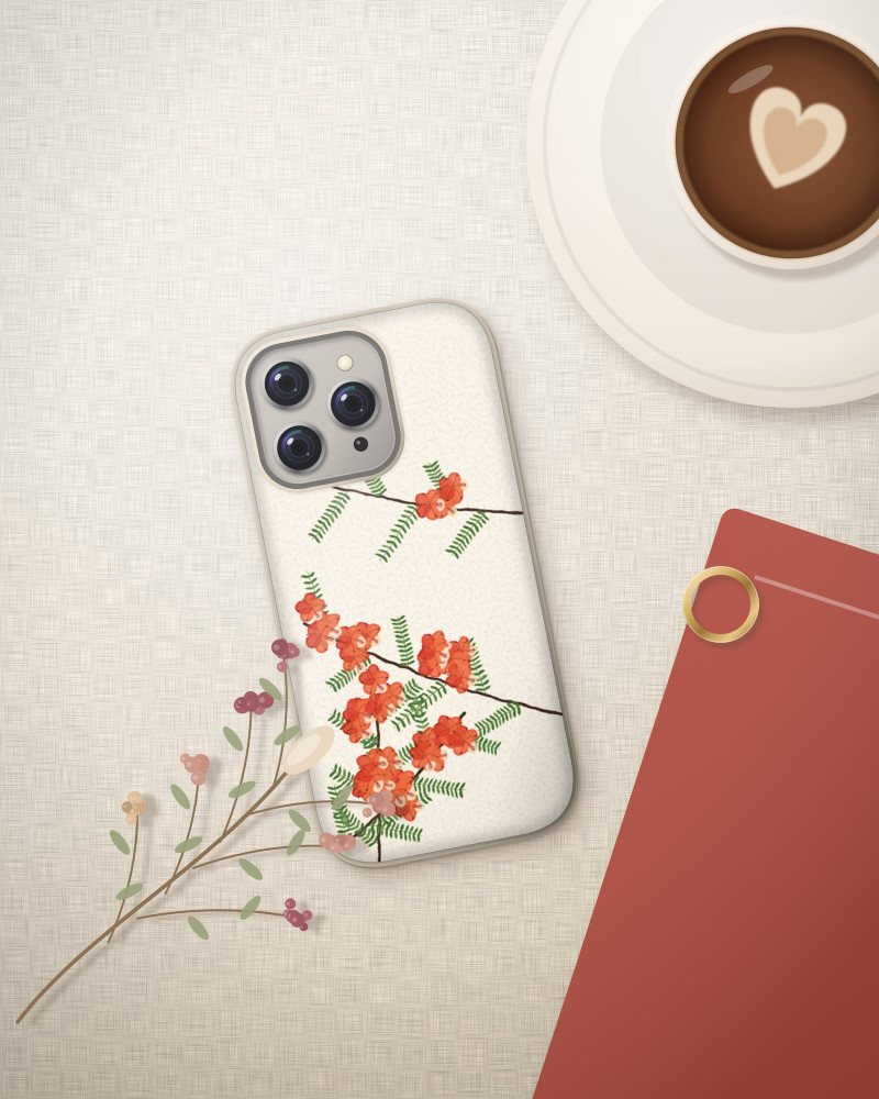 Gulmohar Case on iPhone 16 Pro, flat-lay