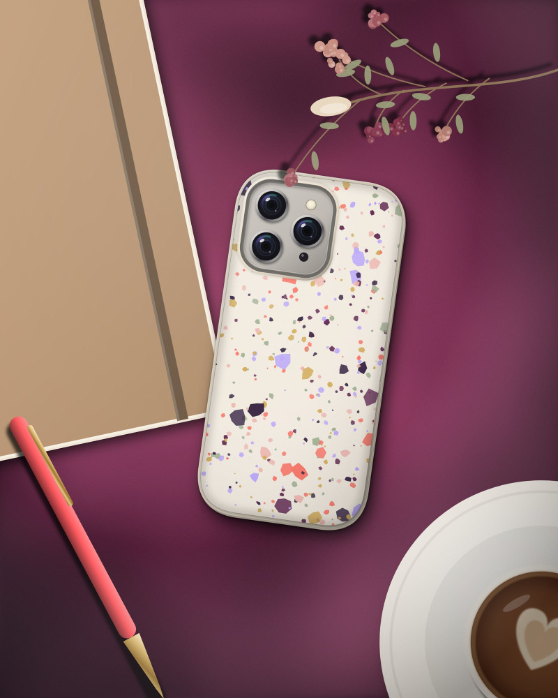 Terrazzo Pop Case on iPhone 16 Pro, flat-lay