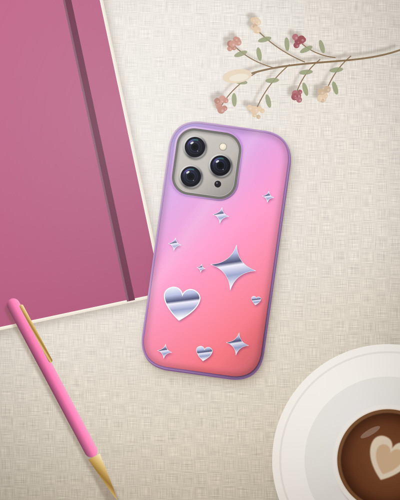 Y2K Chrome Case on iPhone 16 Pro, flat-lay