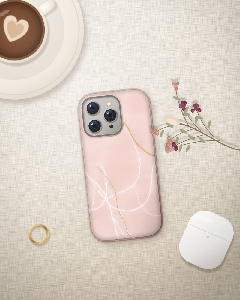 Rose Quartz Marble Case on iPhone 16 Pro, flat-lay