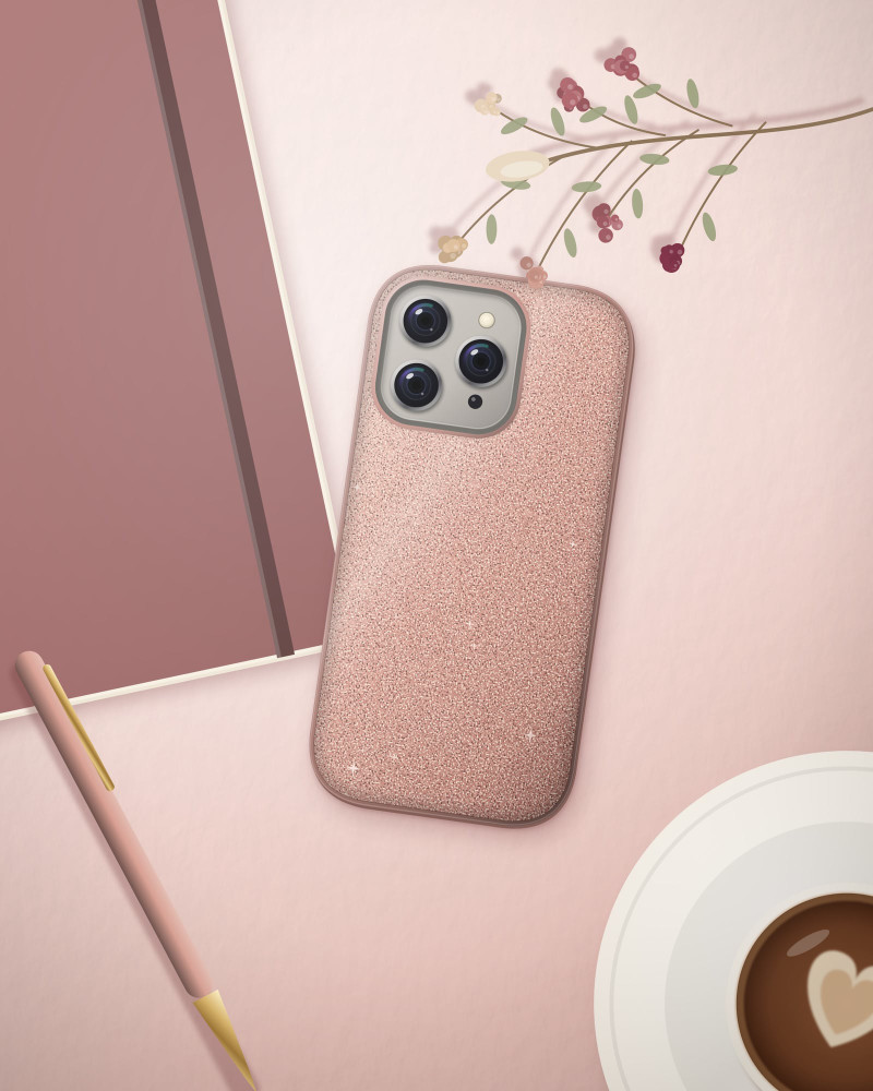 Rose Gold Glitter Case on iPhone 16 Pro, flat-lay