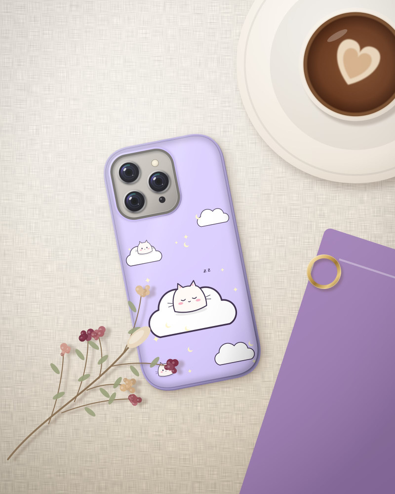 Mochi & Clouds Case on iPhone 16 Pro, flat-lay