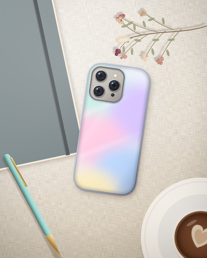 Holo Mist Case on iPhone 16 Pro, flat-lay