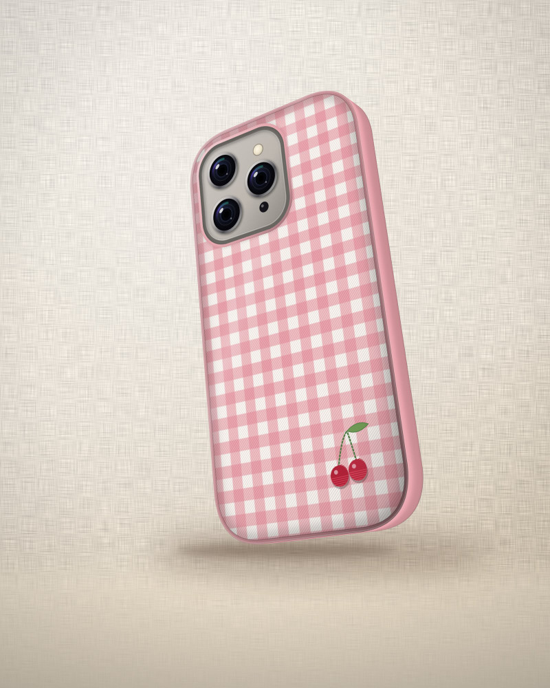Picnic Gingham Case on iPhone 16 Pro, angled view