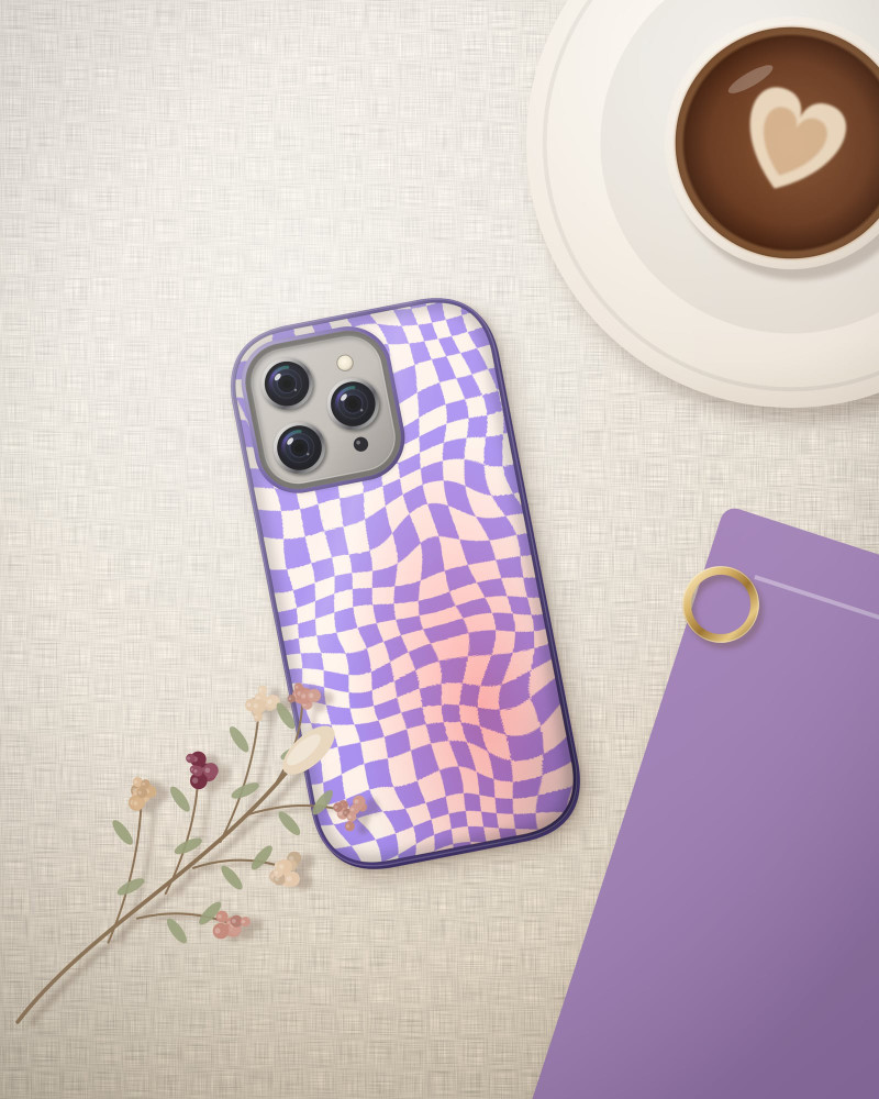 Warped Checker Case on iPhone 16 Pro, flat-lay