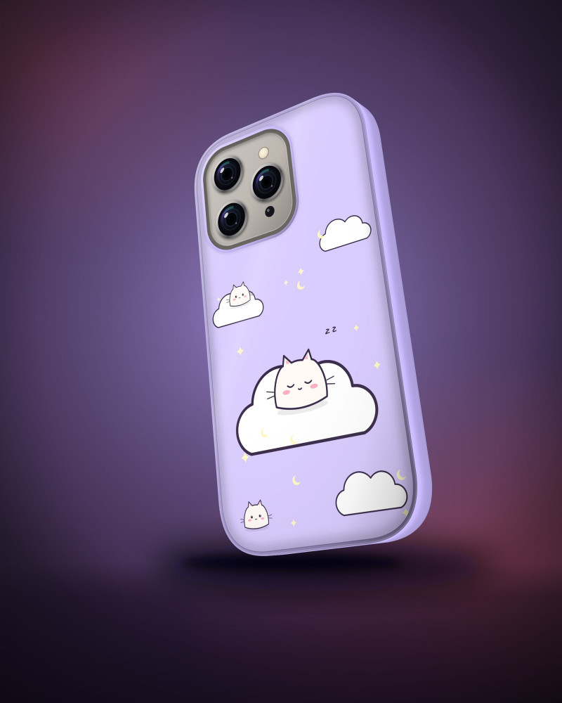 Mochi & Clouds Case on iPhone 16 Pro, angled view