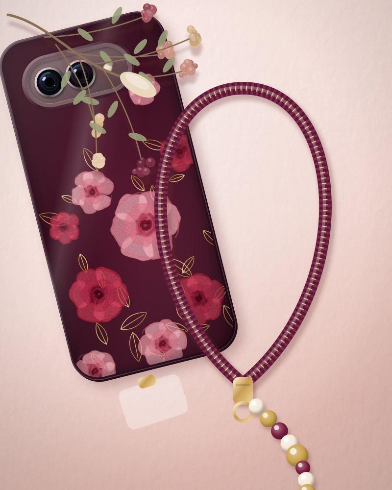 Wine & Gold wrist strap beside a case