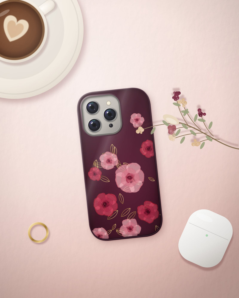 Velvet Rose Case on iPhone 16 Pro, flat-lay