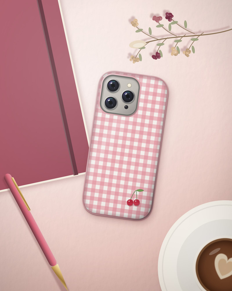 Picnic Gingham Case on iPhone 16 Pro, flat-lay