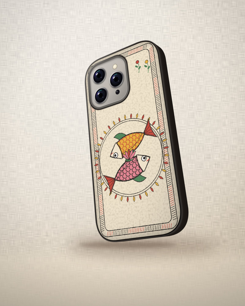 Madhubani Meen Case on iPhone 16 Pro, angled view