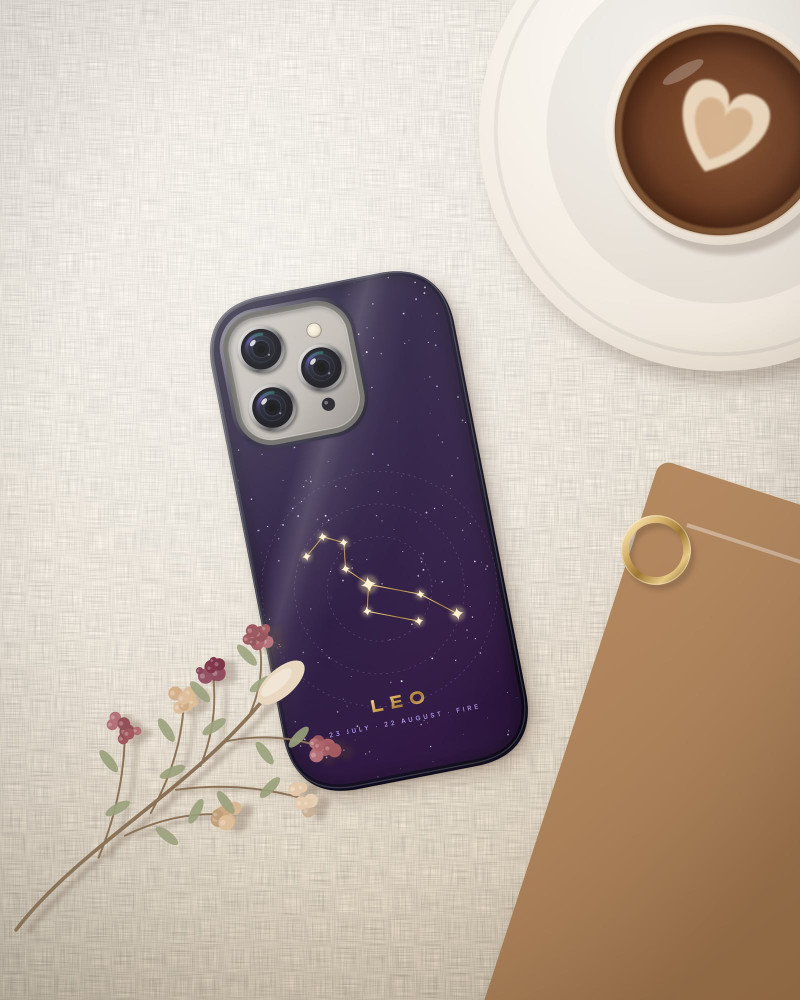 Star Sign · Leo Case on iPhone 16 Pro, flat-lay