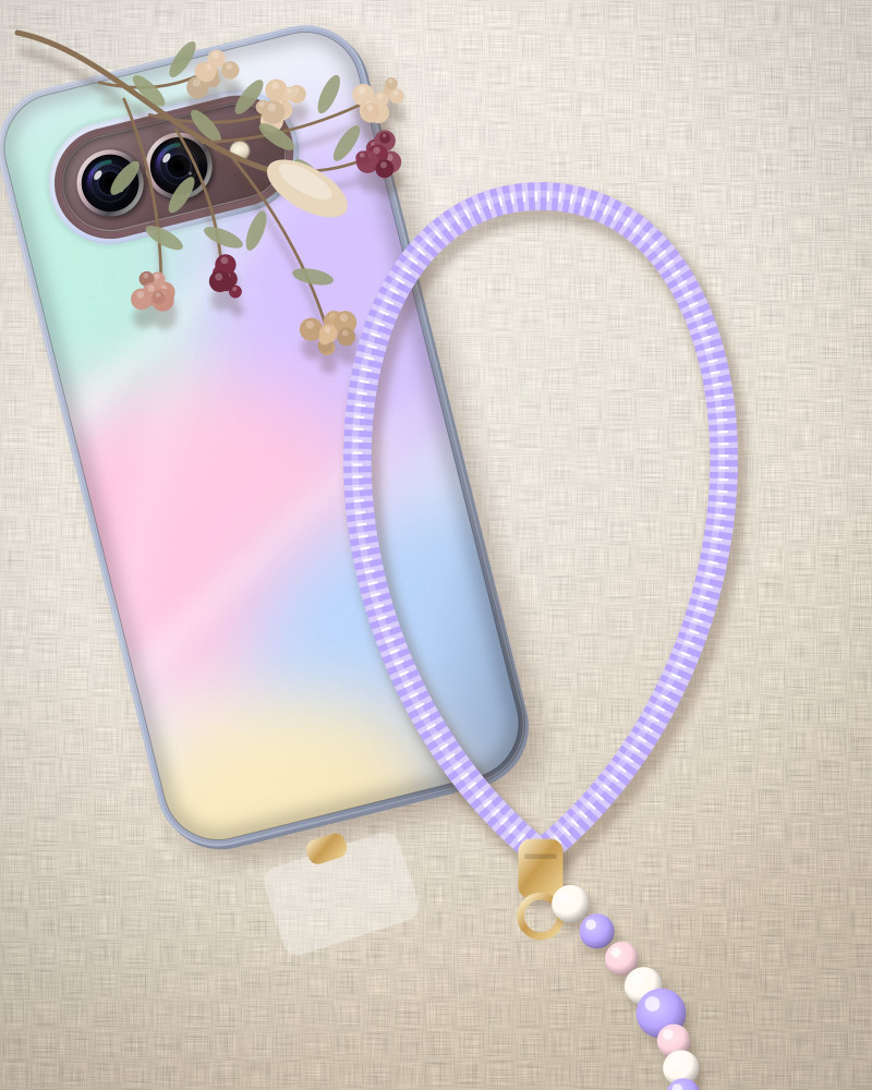 Lilac & Cream wrist strap beside a case