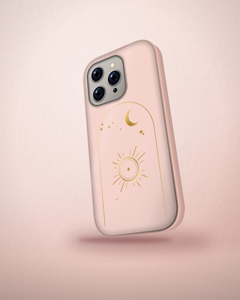 Sun & Moon Case on iPhone 16 Pro, angled view