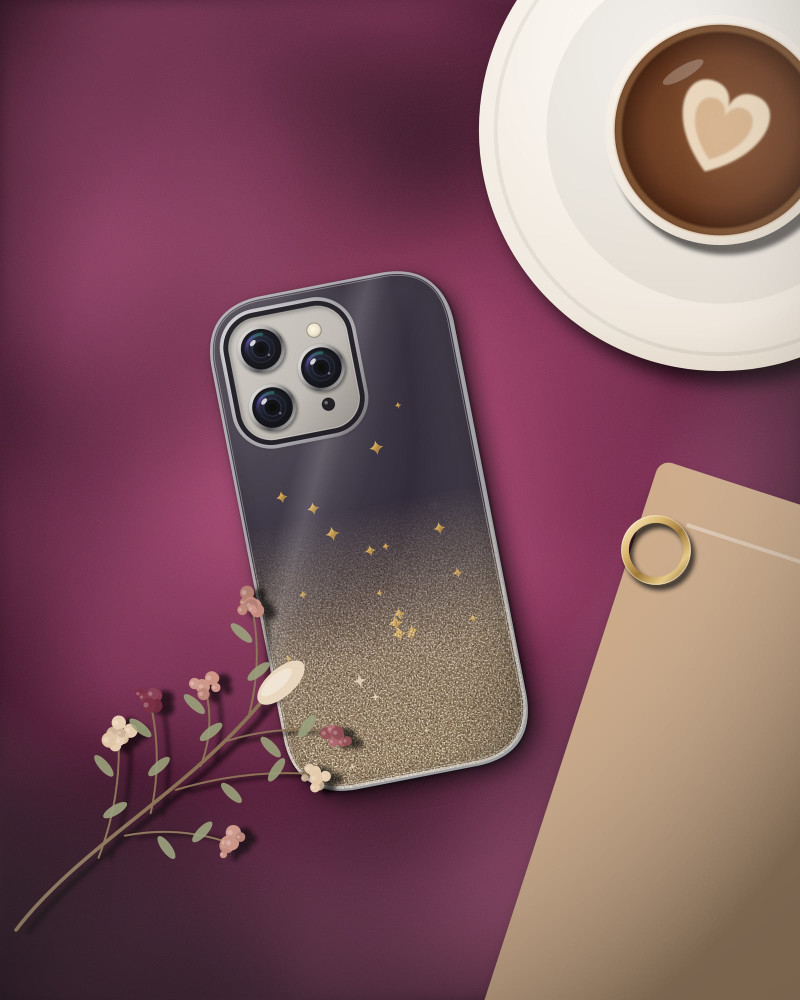 Stardust Clear Case on iPhone 16 Pro, flat-lay