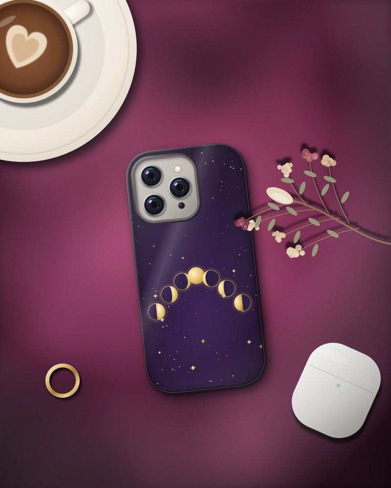 Moon Diary Case on iPhone 16 Pro, flat-lay