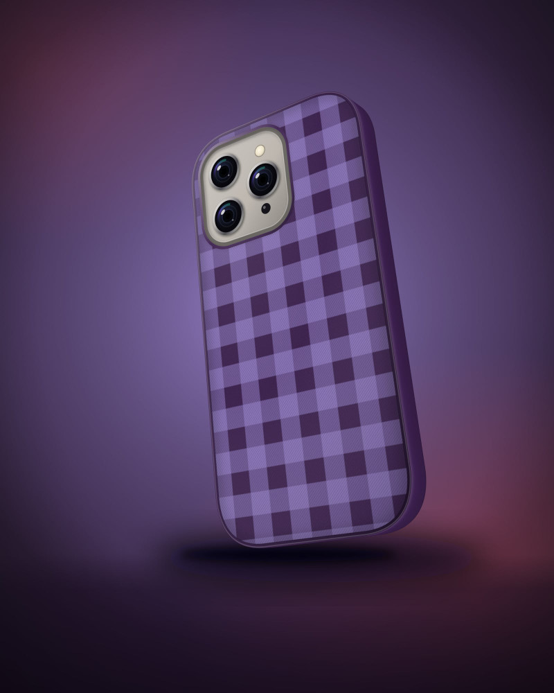 Plum Check Case on iPhone 16 Pro, angled view