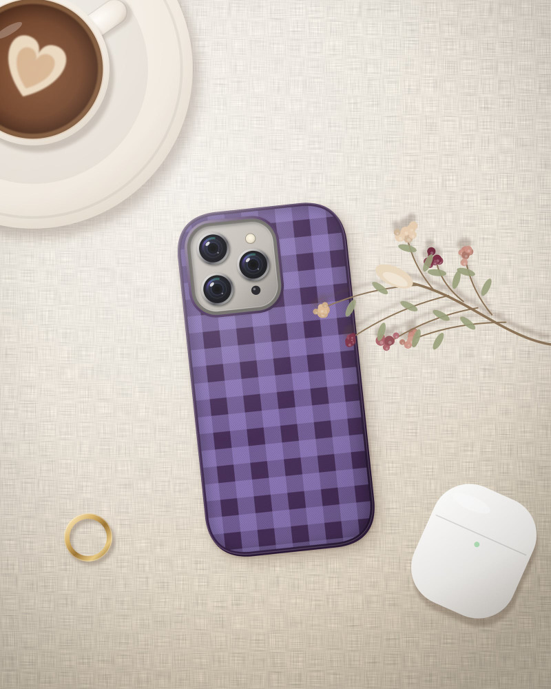 Plum Check Case on iPhone 16 Pro, flat-lay