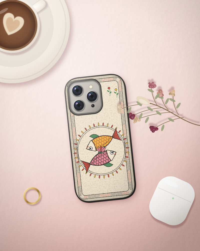 Madhubani Meen Case on iPhone 16 Pro, flat-lay