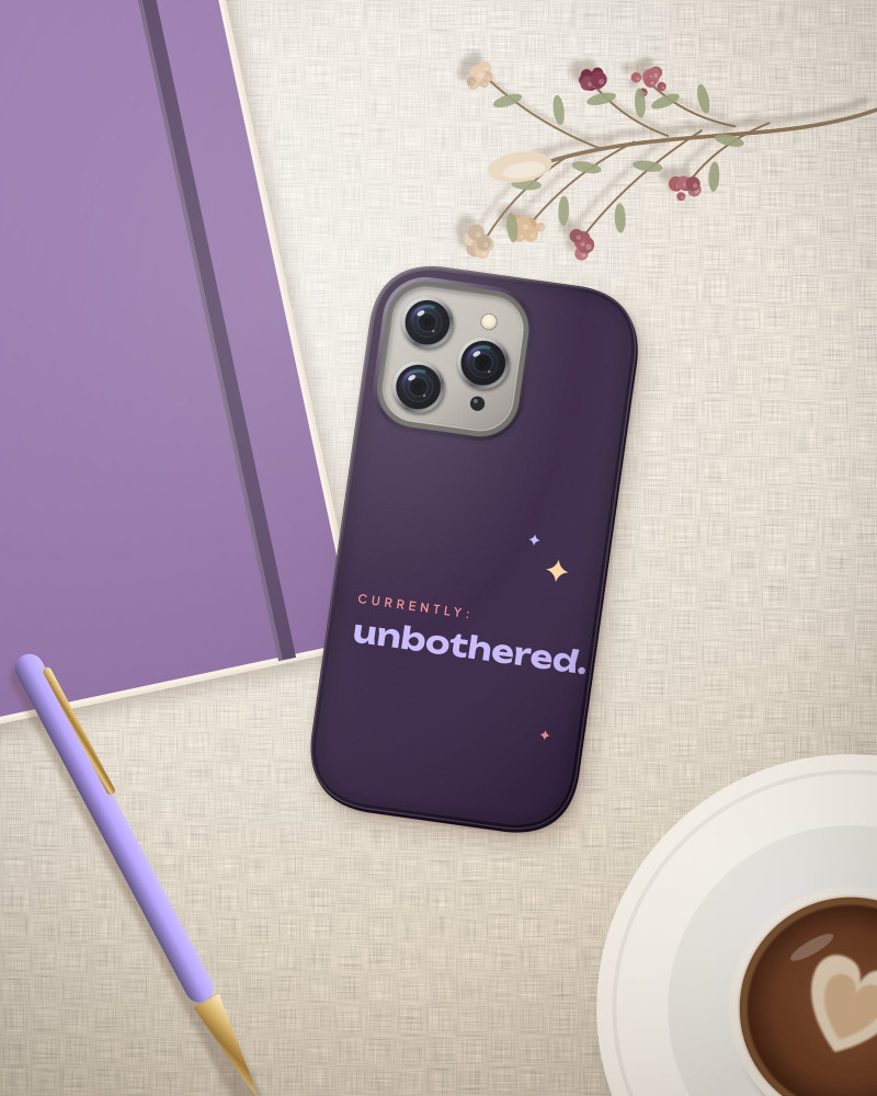 Currently Unbothered Case on iPhone 16 Pro, flat-lay