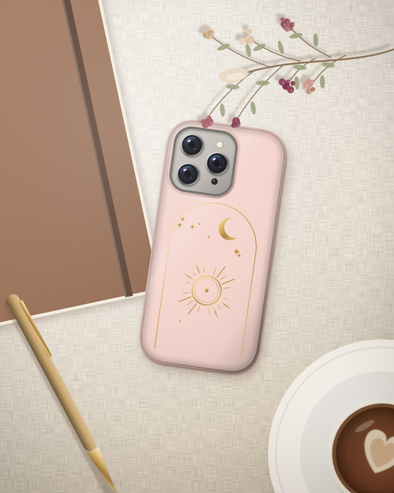 Sun & Moon Case on iPhone 16 Pro, flat-lay