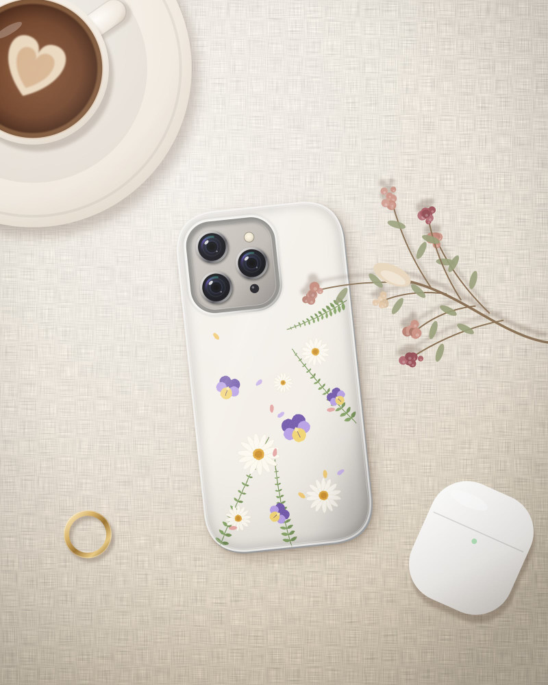 Pressed Petals Clear Case on iPhone 16 Pro, flat-lay