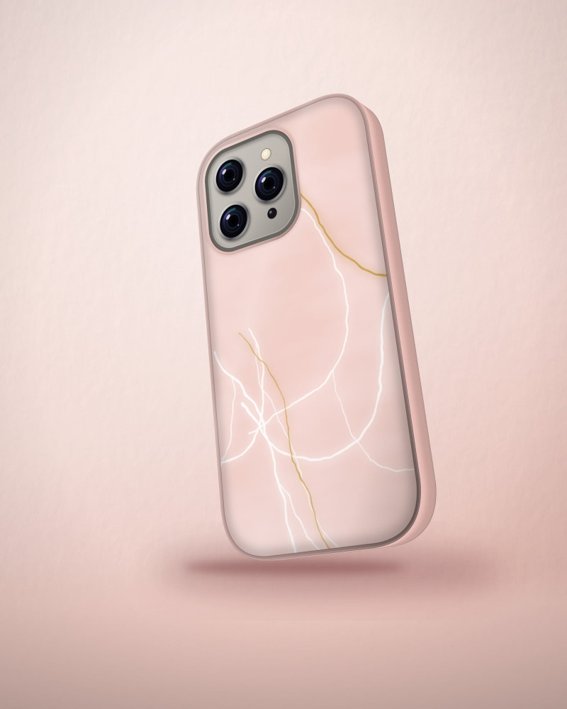 Rose Quartz Marble Case on iPhone 16 Pro, angled view