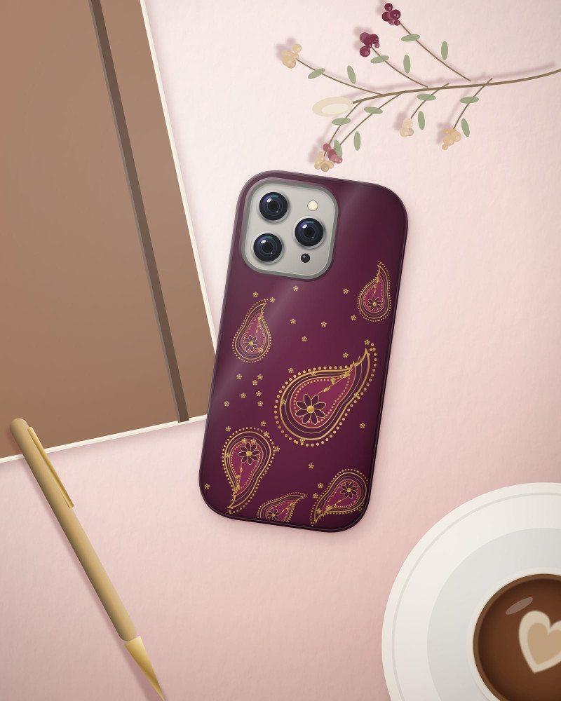 Kalka Paisley Case on iPhone 16 Pro, flat-lay