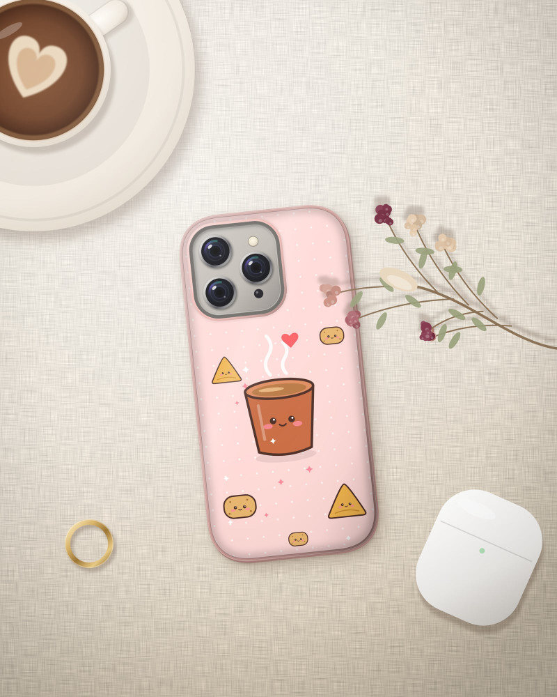 Chai-chan & Friends Case on iPhone 16 Pro, flat-lay