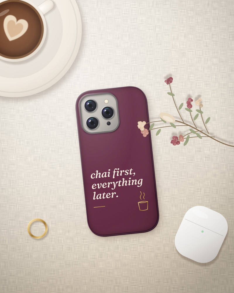 Chai First Case on iPhone 16 Pro, flat-lay