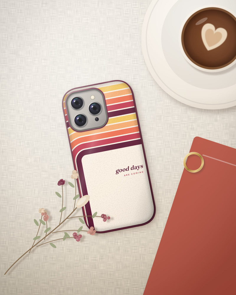 Sunset Stripe Case on iPhone 16 Pro, flat-lay